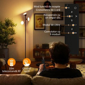 HOMCOM Lampă de Podea cu 3 Capete Reglabile Independent Φ25x170 cm Negru | Aosom Romania