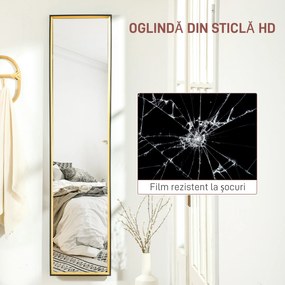 HOMCOM Oglindă de Podea Înaltă cu Suport Posterior și Ramă, Oglindă de Perete din MDF și Sticlă, 37x3x157 cm, Auriu | Aosom Romania