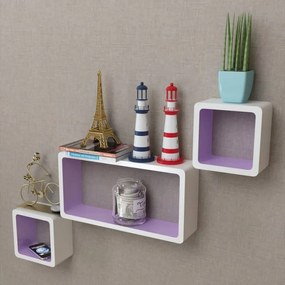 Rafturi de tip cub pentru carti DVD-uri, 3 piese, MDF, alb-mov 3, Violet