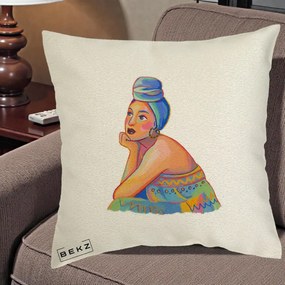 Perna Decorativa Portret Femeie Contemplativa, 40x40 cm, Ecru, Husa Detasabila, Perna Inclusa, BEKZ®
