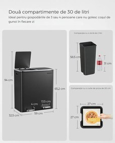 Coș pentru sortarea deșeurilor SORT, 2x30 l + saci de gunoi, negru/argintiu SongmicsHome