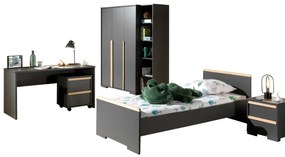 Set LONDON în culoarea antracit format dintr-un Pat copii (90x200) cu noptieră, Dulap camera copii cu 3 uși, birou și cărucior de birou și bibliotecă.