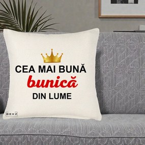 Cadou pentru Bunica - Perna Personalizata Cea Mai Buna Bunica Din Lume Coroana Aurie, 40x40 cm, Crem Reliefat, Husa Detasabila, Perna Inclusa, BEKZ®