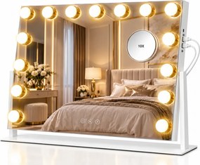 Oglindă cosmetică, sistem iluminare LED cu 3 culori, Luminozitate reglabilă, Senzor Tactil, Port încărcare USB+Type C, Oglindă de mărire 10X, Alb