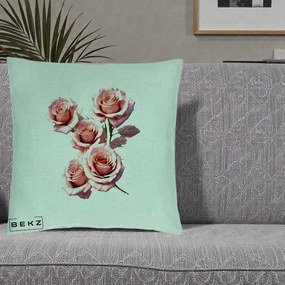 Perna Decorativa Trandafiri Roz Pastel Acuarela, 40x40 cm, Verde Menta, Husa Detasabila, Perna Inclusa, BEKZ®
