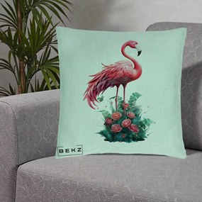 Perna Decorativa Flamingo cu Trandafiri Tropicali, 40x40 cm, Verde Menta, Husa Detasabila, Perna Inclusa, BEKZ®