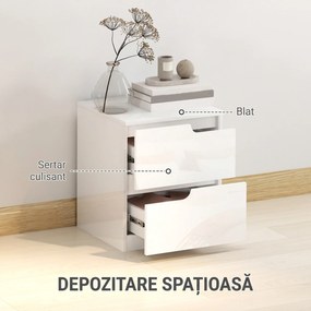 HOMCOM Noptieră Modernă cu 2 Sertare și Design Lucios, Noptieră pentru Dormitor din PAL, 40x40x48 cm, Alb Lucios | Aosom Romania