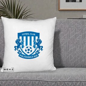 Perna Personalizata FC Politehnica Iasi Fotbal, 40x40 cm, Alb Pufos, Husa Detasabila, Perna Inclusa, BEKZ®