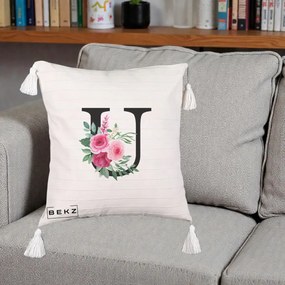 Cadou Personalizat - Perna Personalizata Monograma Florala Litera U, 40x40 cm, Bej cu Franjuri, Husa Detasabila, Perna Inclusa, BEKZ®