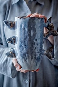 Vază decorativă albastră din ceramică cu pești sculptați, L23,5×H23×W13 cm, „Tace"