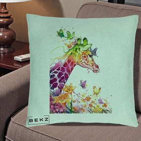 Perna Decorativa Girafa Curcubeu Acuarela, 40x40 cm, Verde Menta, Husa Detasabila, Perna Inclusa, BEKZ®