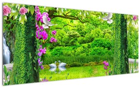 Tablou - Grădina magică cu lebede (120x50 cm)