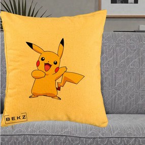 Perna Personalizata Pikachu Fericit, 40x40 cm, Galben, Husa Detasabila, Perna Inclusa, BEKZ®