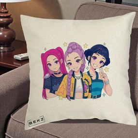Perna Personalizata K-pop HUNTRX Trio Anime Stele, 40x40 cm, Ecru, Husa Detasabila, Perna Inclusa, BEKZ®