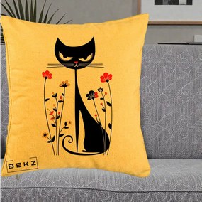 Perna Decorativa Pisica Neagra Grafica Flori Rosii, 40x40 cm, Galben, Husa Detasabila, Perna Inclusa, BEKZ®