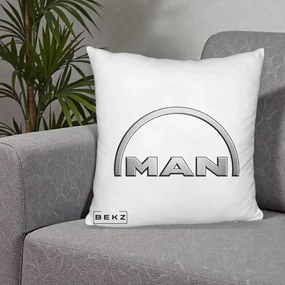 Perna Personalizata cu emblema MAN, 40x40 cm, Alb Pufos, Husa Detasabila, Perna Inclusa, BEKZ®