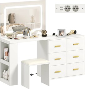 HOMCOM Toaletă cu oglindă și taburet, masă de machiaj cu iluminare LED reglabilă, 6 sertare, 118 x 78 x 135 cm, alb | Aosom Romania