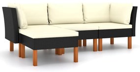 Set mobilier de gradina cu perne, 4 piese, negru, poliratan Negru, 2x colt + mijloc + suport pentru picioare, 4