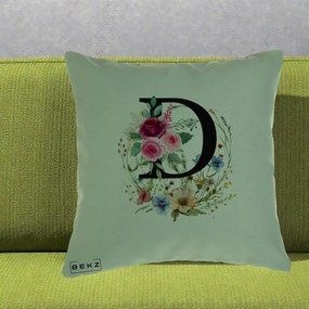 Cadou Personalizat - Perna Personalizata Monogram Litera D cu Flori Acuarela, 40x40 cm, Verde, Husa Detasabila, Perna Inclusa, BEKZ®