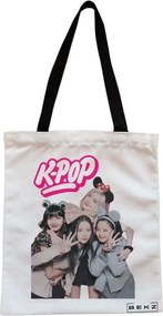 Sacosa de Panza pentru Cumparaturi, Geanta Tote, model Blackpink k-pop, Cu fermoar, 38x34.5 cm, Alba, BEKZ®