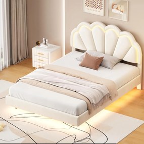PARC7 - Pat tapitat cu LED, 140 x 200 cm - patut copii, fetite - Catifea Roz sau Crem