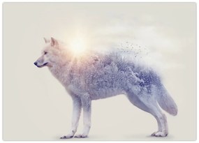 Tablou pe sticlă - Lupul arctic oglindit în peisaj sălbatic (70x50 cm)