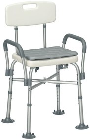 HOMCOM Scaun de Baie din Aluminiu Reglabil, cu Spătar și Brațe, Pernă Moale, Antialunecare, Alb | Aosom Romania