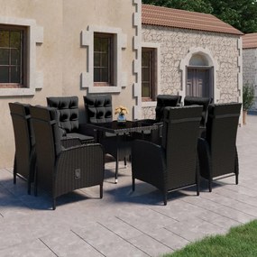 3058532 vidaXL Set mobilier grădină, 9 piese, negru, poliratan, lemn acacia