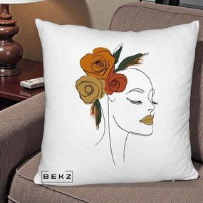 Perna Decorativa Portret Feminin Trandafiri Ruginii, 40x40 cm, Alb Pufos, Husa Detasabila, Perna Inclusa, BEKZ®