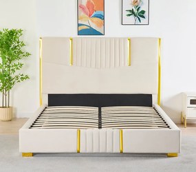Pat Tapitat din Catifea Bej cu Somiera si Saltea ,   160x200 cm, Cod LB-215