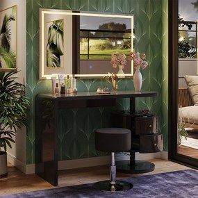 Masuta machiaj cu Oglinda LED si 2 Sertare pentru Cosmetice, Set Masa toaleta 120 cm, Negru, masuta cosmetica, vanity - SEN257