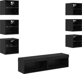 vidaXL Cabinet TV cu lumini cu bandă LED 8 pcs Stejar Negru Sticlă
