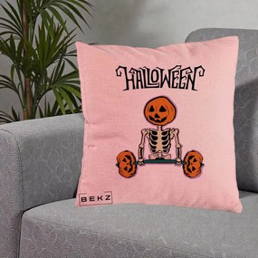 Perna Decorativa Halloween Schelet cu Cap de Dovleac Powerlifting, 40x40 cm, Roz, Husa Detasabila, Perna Inclusa, BEKZ®