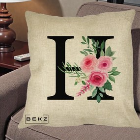 Cadou Personalizat - Perna Personalizata Monograma Florala Litera H cu Trandafiri Roz, 40x40 cm, Crem, Husa Detasabila, Perna Inclusa, BEKZ®