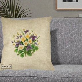 Perna Decorativa Viorele Iris Violet si Trifoi, 40x40 cm, Crem, Husa Detasabila, Perna Inclusa, BEKZ®