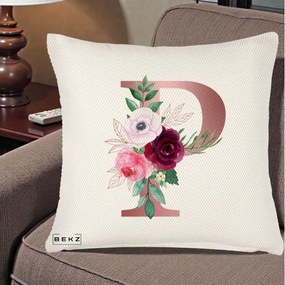 Cadou Personalizat - Perna Personalizata Monograma Rose Gold Litera P, 40x40 cm, Crem Reliefat, Husa Detasabila, Perna Inclusa, BEKZ®