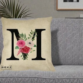 Cadou Personalizat - Perna Personalizata Monograma Florala Litera M cu Trandafiri si Anemona, 40x40 cm, Crem, Husa Detasabila, Perna Inclusa, BEKZ®