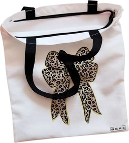 Sacosa de Panza pentru Cumparaturi, Geanta Tote, model Leopard Bow, Cu fermoar, 38x34.5 cm, Alba, BEKZ®