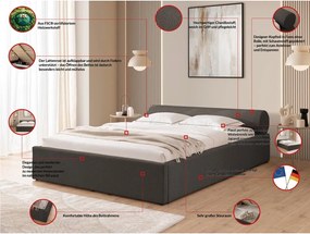 Pat matrimonial gri închis tapițat cu spațiu de depozitare cu somieră 200x200 cm Cille – Ropez