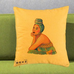 Perna Decorativa Portret Femeie Contemplativa, 40x40 cm, Galben, Husa Detasabila, Perna Inclusa, BEKZ®