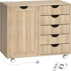 HOMCOM Mobilier pentru imprimantă cu stație de încărcare și roți 5 sertare porturi USB poliță reglabilă natural | Aosom Romania