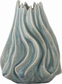 Vază din ceramică, albastru, formă sculpturală cu falduri verticale și margine neregulată, glazură reactivă, 18 x 17 cm, „Dilara”