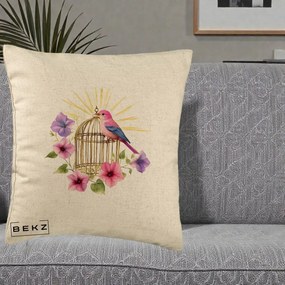 Perna Decorativa Pasare Roz pe Colivie Aurie cu Flori, 40x40 cm, Bej, Husa Detasabila, Perna Inclusa, BEKZ®