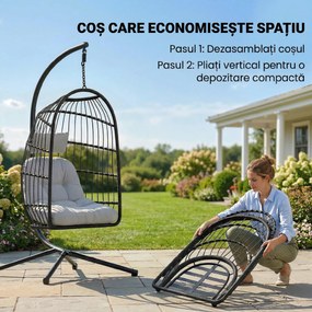 Outsunny Scaun Suspendat Tip Ou, Leagăn pentru Exterior cu Suport și Centură de Siguranță, Negru/Gri Deschis | Aosom Romania