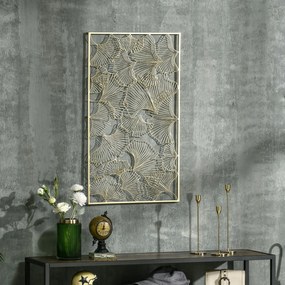 HOMCOM Decor de perete metalic 3D, decoratiune de perete aurie cu cadru dreptunghiular si frunze de ginkgo, 50 x 85 cm | AOSOM RO