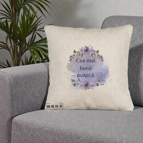 Cadou pentru Bunica - Perna Personalizata Cea Mai Buna Bunica Flori Mov Acuarela Negru, 40x40 cm, Bej Canapea, Husa Detasabila, Perna Inclusa, BEKZ®