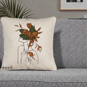 Perna Decorativa Portret Feminin Crin Auriu, 40x40 cm, Bej Canapea, Husa Detasabila, Perna Inclusa, BEKZ®