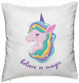 Perna Decorativa, Model Unicorns Believe in Magic, 40x40 cm, Alb Murdar, Husa Detasabila, Burduf