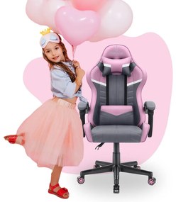 Scaun gaming pentru copii HC - 1004 gri și roz cu detalii albe