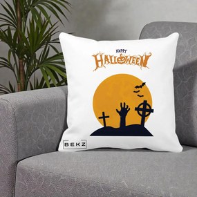 Perna Decorativa Happy Halloween Cimitir cu Luna, 40x40 cm, Alba Mata, Husa Detasabila, Perna Inclusa, BEKZ®
